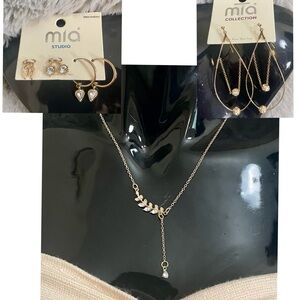 Gold Tone Earrings and Lariat Leaf Necklace Fashion Jewelry Bundle ~5 Pieces NWT